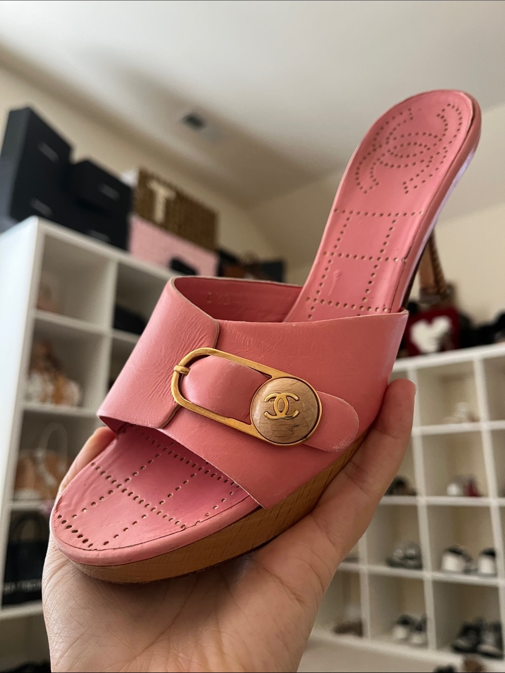 CHANEL Pink Heeled Sandals with Gold Buckle